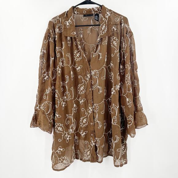 MAGGIE BARNES Button Down Shirt 3X Blouse Embroidered Beaded Plus Curvy Vintage - Picture 1 of 13